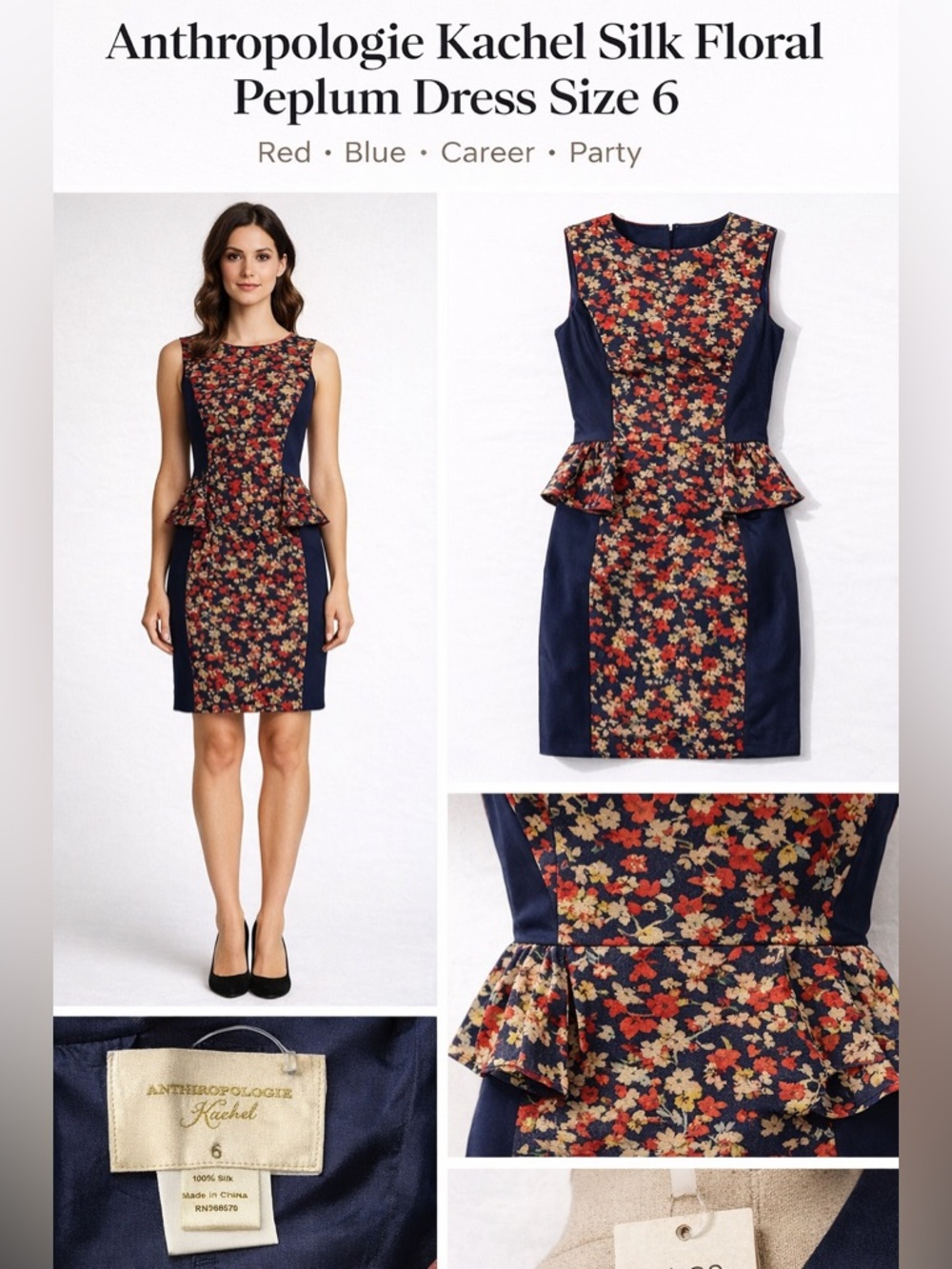 Anthropologie Kachel Silk Floral Peplum Dress Size 6 Red Blue Career Party - Picture 4 of 8